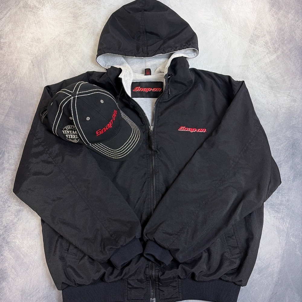 Snap-on Hooded Jacket Hat bundle Mens Large Black Embroidered Mechanic Workwear